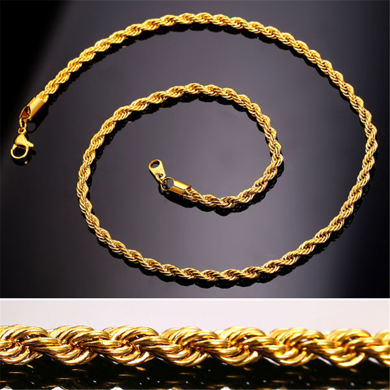 

Hip Hop 18K Gold Plated Stainless Steel 3MM Twisted Rope Chain Women's Choker Necklace for Men Hiphop Jewelry Gift in Bulk