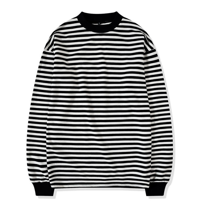 

Oversize Street Style Mens Sweatshirt Crewneck Black and White Striped Tee Ribbed Long Sleeve Pullover Free Shipping