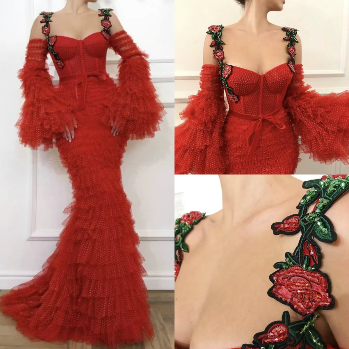 

2020 Red Evening Dresses Lace Floral Embroidery Tiered Skirts Mermaid Prom Dress Spaghetti Sweep Train Fairy Formal Gowns Party Wear, Pink