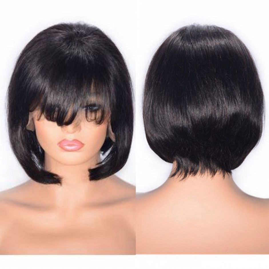 

Brazilian Lace Front Wigs 130% Density 8 inch Short Virgin Human Hair Straight Bob Wig with Bangs, Natural color