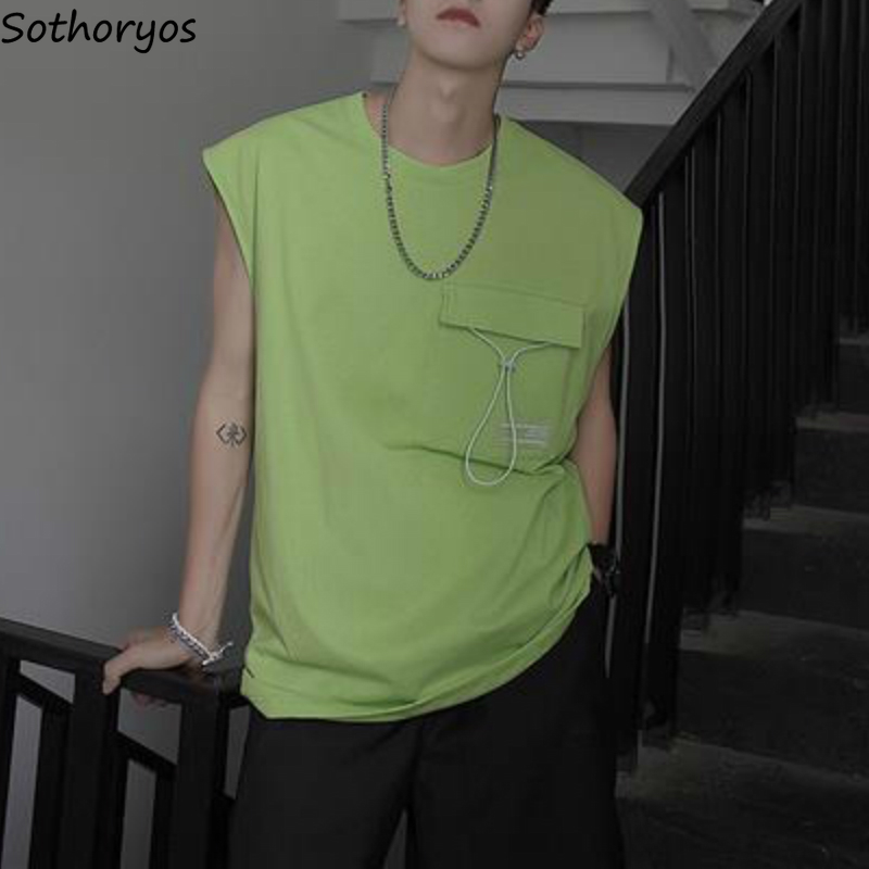 

Tanks Men Solid Sleeveless Pocket Trendy Oversize Loose Casual Simple Ins Chic Korean Style Students Tank-tops All-match Ulzzang, Black