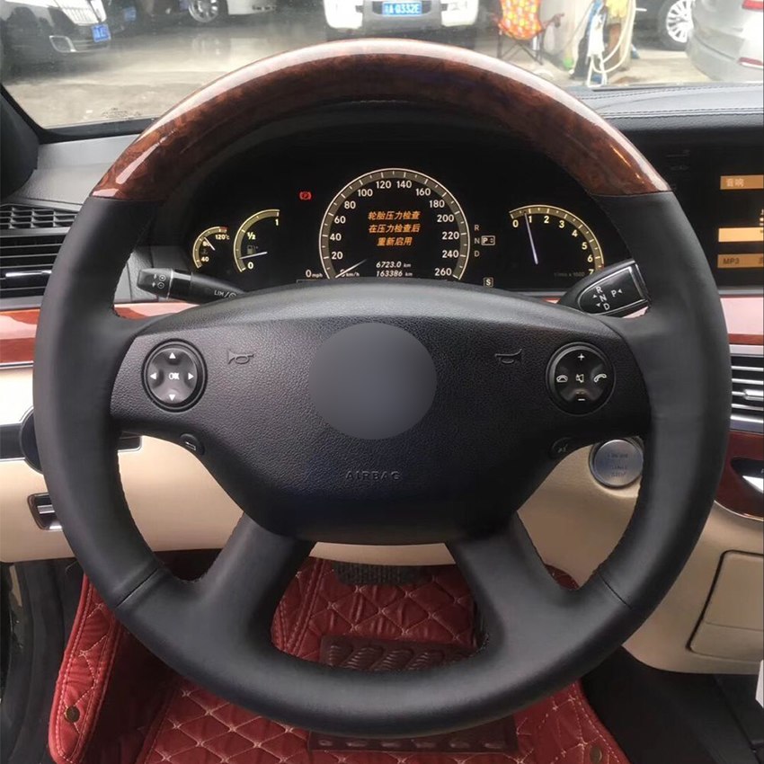 Woodgrain Leather Black Leather Car Steering Wheel Cover for Mercedes-Benz S-Class 2006-2008-image-440430992