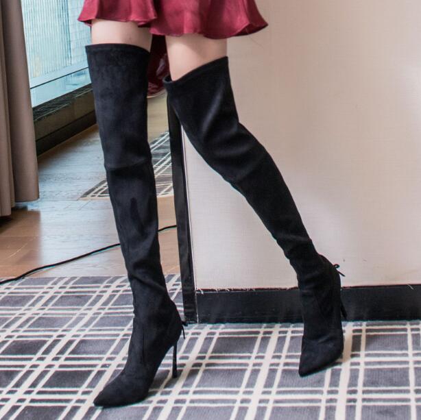 

Winter New Brand Woman Black Suede Leather Bow Ties Back Thin Heels Pointed Toe Sexy High Heel Slim Over The Knee Long Boots, 6 cm heel suede