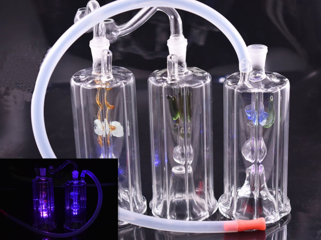 

Glow in the Dark mini glass oil burner Bongs LED Light Dab Rig Glass Bong Dab Oil Rigs with 10mm glass oil burner pipe and hose 2pcs