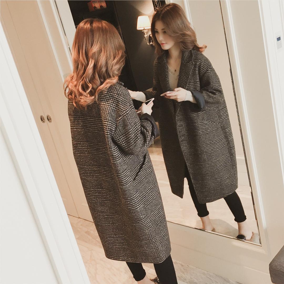 

New Woolen Overcoat for Women Plaid Long Style Single Breasted Autumn and Winter Ladies Coats Casual, Black