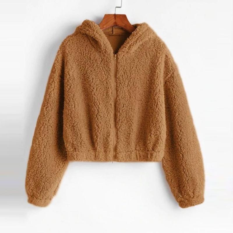 

Plush Lambskin Coat Women Winter Fluffy 2020 Fashion Vintage Solid Hooded Zipper Fake Fur Coat Warm Soft Female Overcoat, Beige