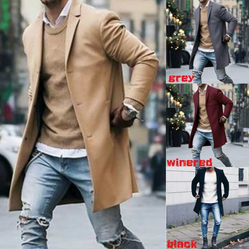 

Fashion Men's Long Sleeve Casual Coat Warm Thicken Woolen Peacoat Autumn Winter Long Overcoat, Black