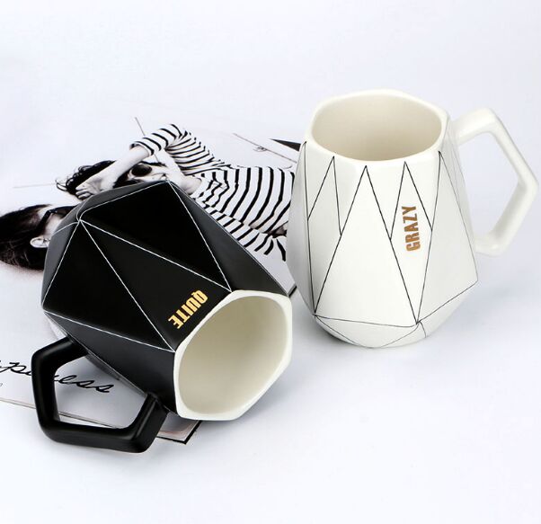 

Ceramic Cup Creative Polygonal Ceramic Mug Office Black White Line Coffee Cup Milk Cup Couple Cute Diamond Cups Factory Direct Mugs
