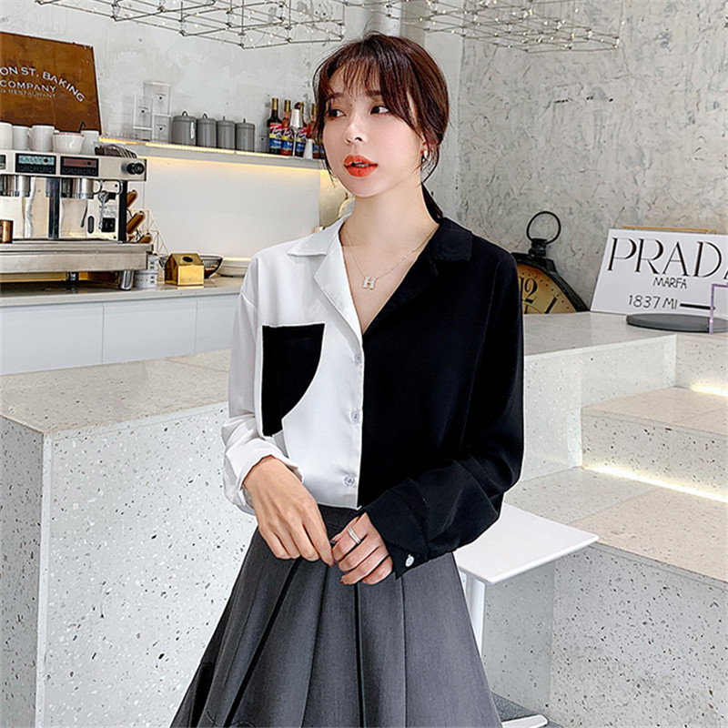 

Fashion Korea Women Blouses Shirt splice Chiffon Office Shirts Blouse V-Neck Single Breasted Shirts Blusas Tops female, Black