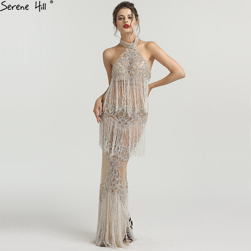 

Luxury Designer Halter Evening Dresses Sexy Tulle Sharking Evening Gowns 2019 LA6470, Nude