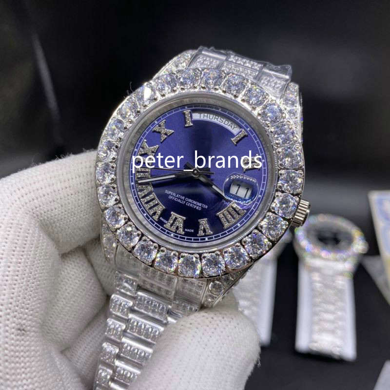 

43MM Men's full Iced Diamond Wristwatch prong set Watch Silver Stainless Steel Case blue face Diamond Strap Automatic men Watches