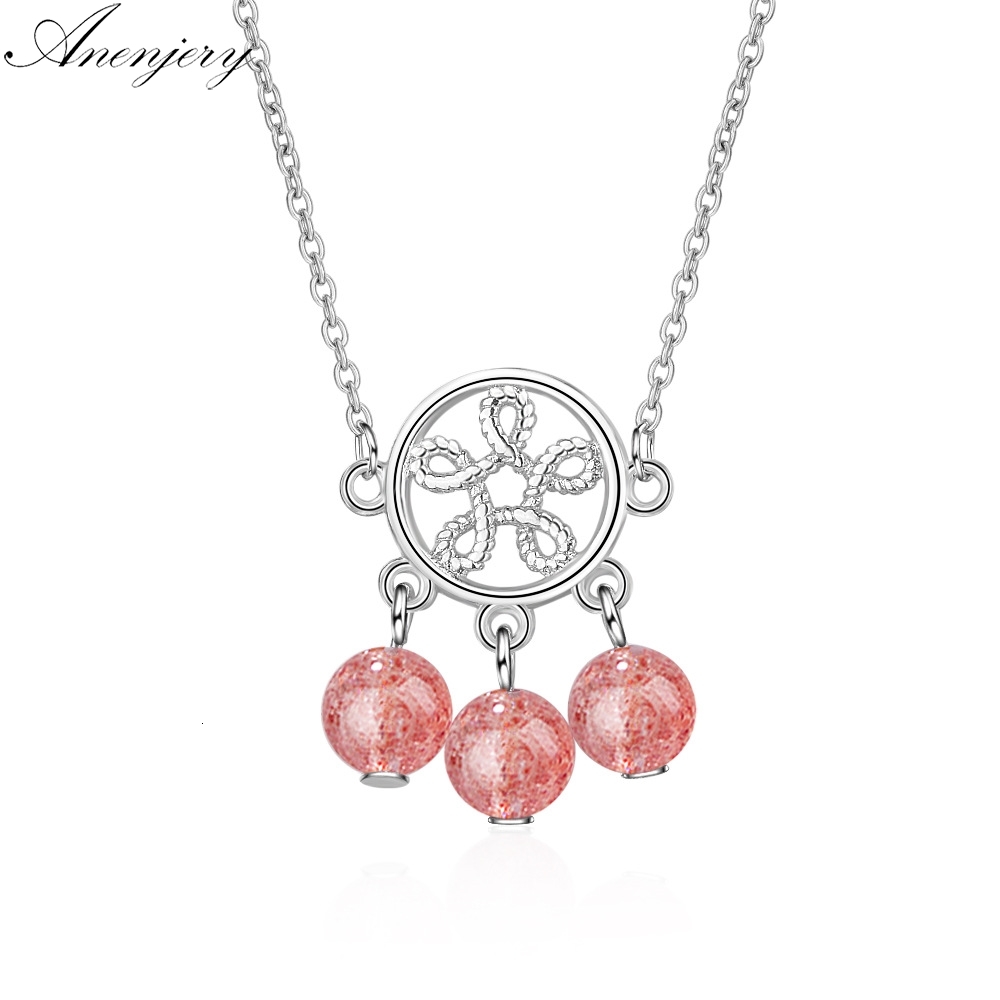 

925 Sterling Silver Natural Strawberry Crystal Tassel Hollow Flower Pendant Necklace For Women Kolye Collares
