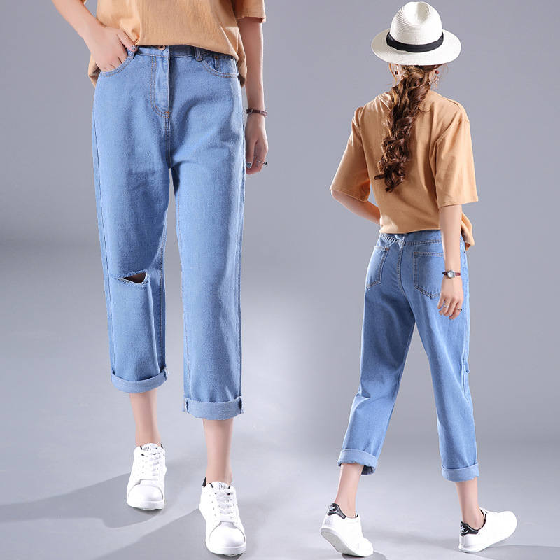 

High Waist Jeans Woman Clothes korean Ladies Jeans mujer Stretch Destroyed Hole Streetwear Denim Pants Ripped for Women, Deep blue