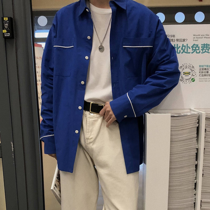 

2019 Spring New Campus Style Korean Version Of The Couple Loose Long Sleeve Thin Section Casual Shirt Small Fresh Men's Clothing, Blue