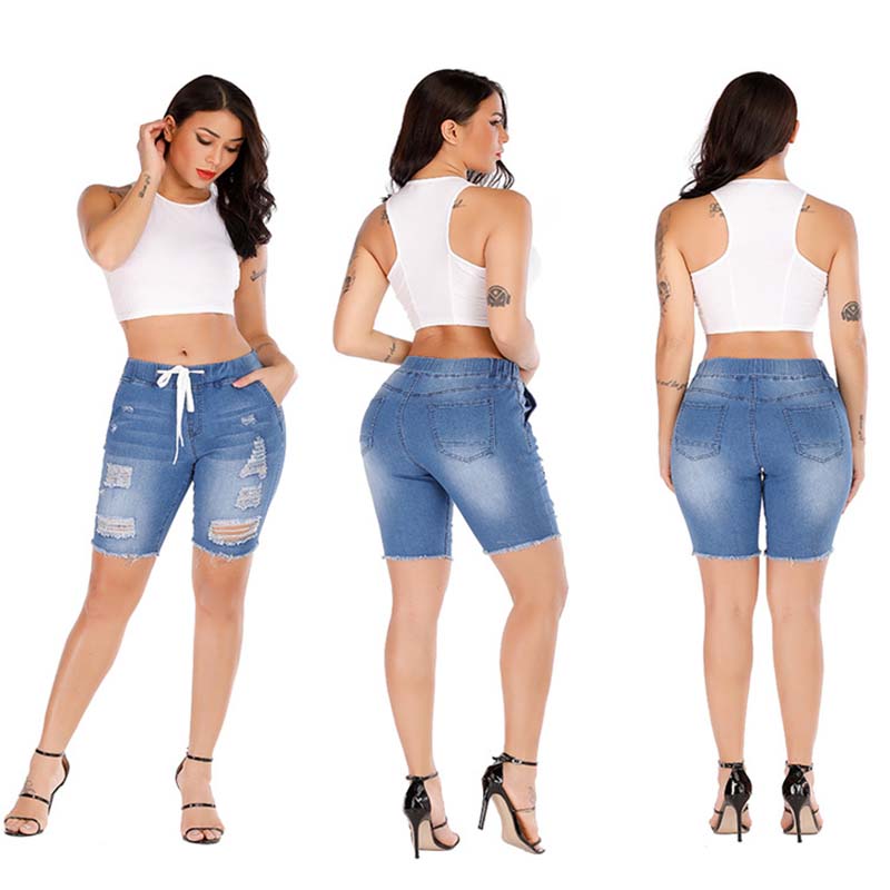 

Women Skinny Knee Length Jeans Ripped Tassel Bleached Knees Holes Low Waist Jeans Mid Waist Casual Slim Drawstring Free Shipping, Y-9017