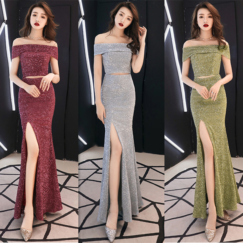 

2020 dress female new noble sexy shoulders a word long conference host fishtail dress, Gold