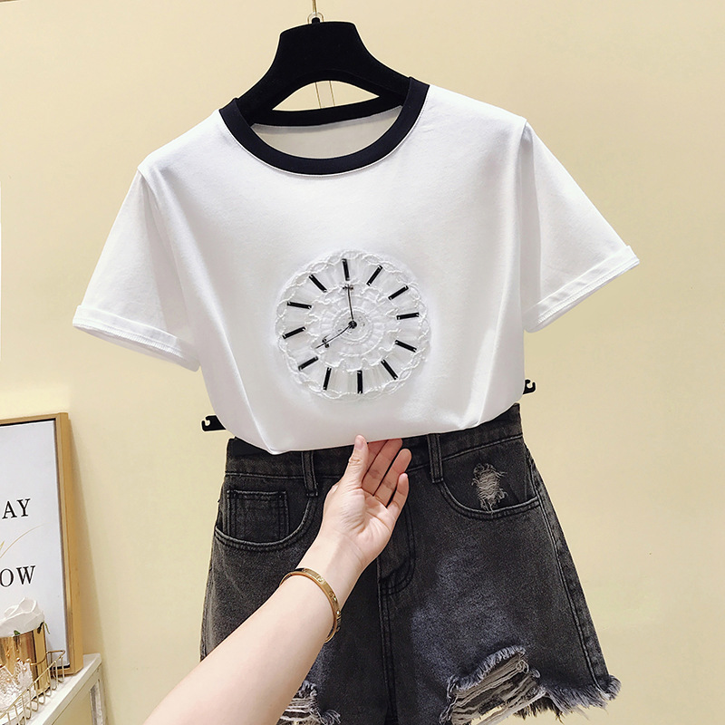 

100%Cotton Embroidery Beaded T Shirt Women Clock Pattern White Harajuku TShirt Vogue Tops Plus Size Tee Shirt Femme Vogue Summer, Black