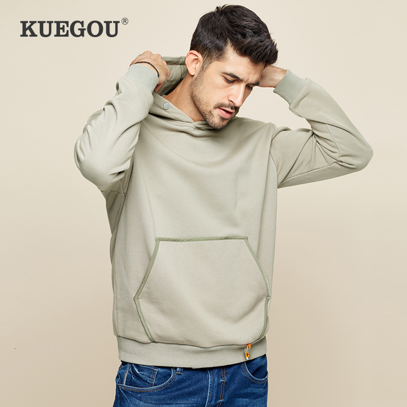 

KUEGOU 2019 Autumn 100% Cotton Pocket Plain Hoodie Men Hoody Hip Hop Japanese Streetwear Male Fashions Long Sleeve Top New 1746, Army green