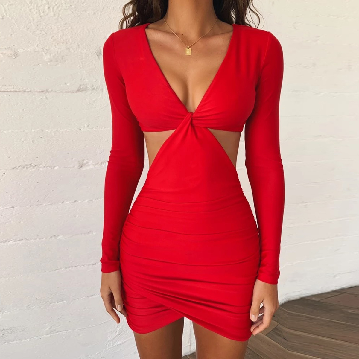 

2020 sexy V-neck long sleeve hollow hip dress women' dress, Red