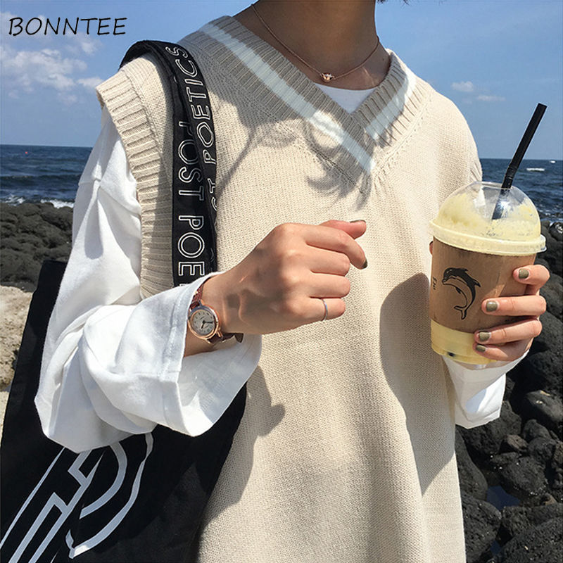 

Sweater Vest Women V-Neck School Simple Apricot All-match Loose Daily Harajuku Japanese Style Sweet Girls Clothing Knitting Chic, Black