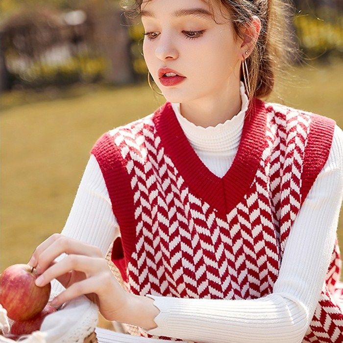 

2020 Student Chic Girl Shirts Sweater Suits Fashion Women Shirt Female Sweet Loose Casual Striped Blouse Knitted Tank Vests A34, Red