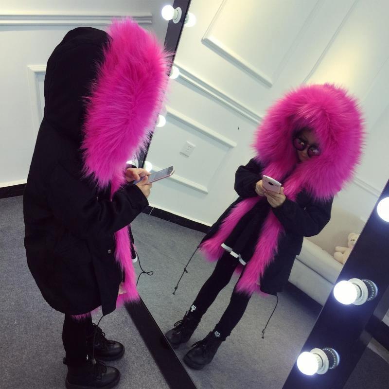 

2-11 years old children's faux fur coat boys and girls fox fur liner detachable cotton coat windbreaker thick warm winter down, Black