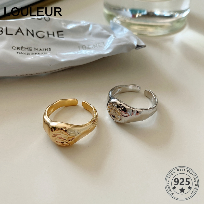 

LouLeur Real 925 Sterling Silver Irregular Ring Minimalist Wide Gold Adjustable Open Ring For Women 925 Fine Jewelry Gift