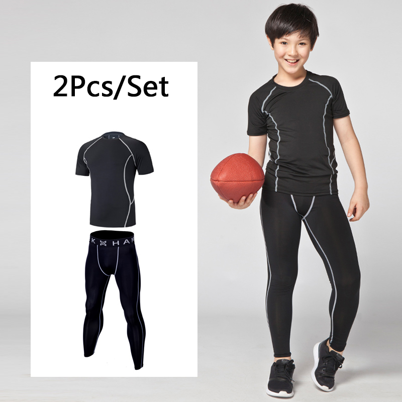 

Kids Running Suit 2 Pieces Compression Boys Thermal Training Exercise Fitness Clothes For Football Basketball Tennis Set Sportwe, Black line set