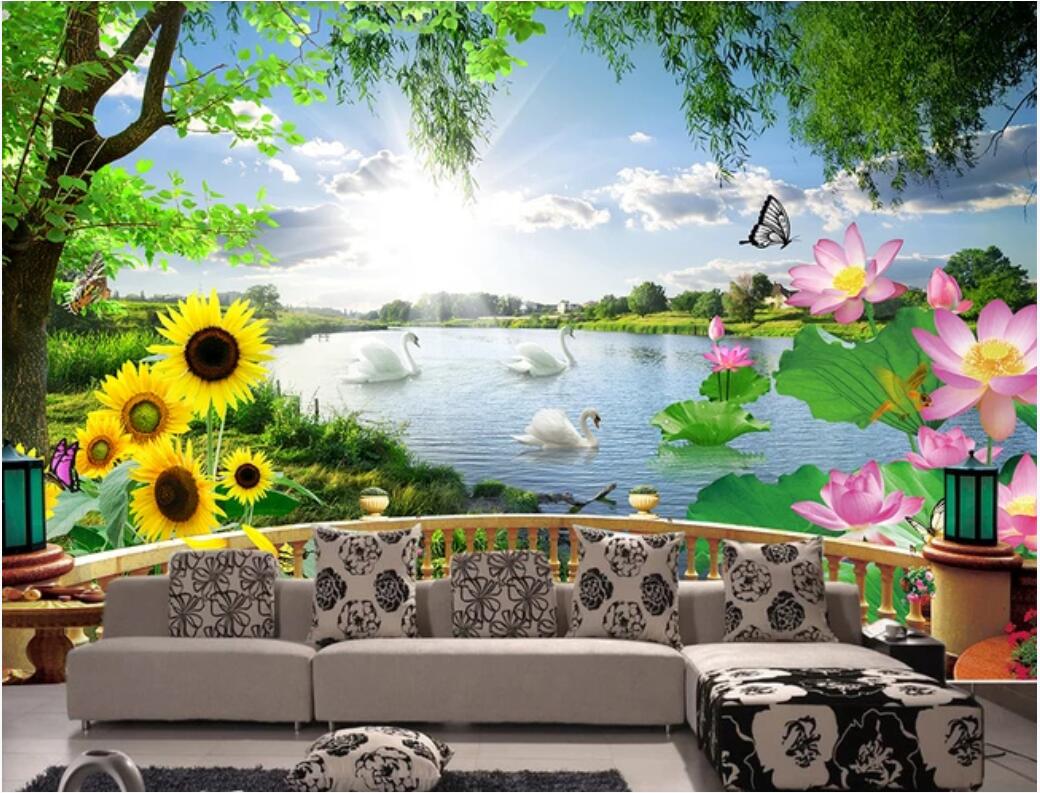 

3d interior custom mural Beautiful natural scenery swan lake modern 3D stereo balcony background wall stickers home decor wall art picture, Non-woven fabric
