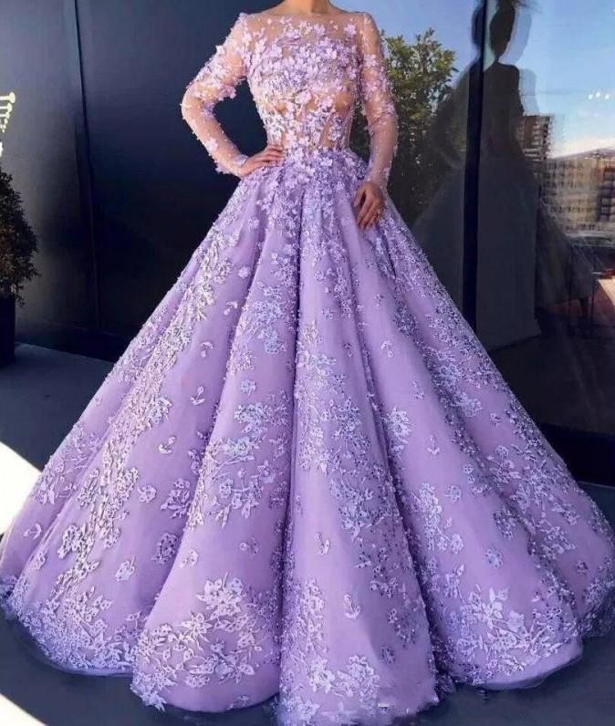 

Sexy Lavender Quinceanera Dresses 3D floral Lace Appliques Prom Dress Long Sleeves Puffy Skirt Dubai Arabic Evening Gown Party Wear, Same as picture