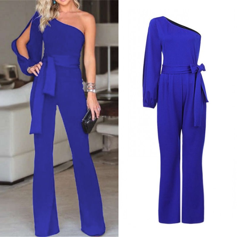 

ZANZEA 2020 Fashion Casual Lace Up Playsuits Women' Summer Jumpsuits High Wasit Flare Female One Shoulder Rompers Pants 5XL, Black