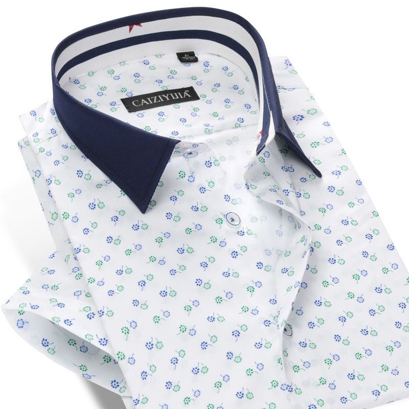 

Fashion Short Sleeve Men Floral Shirt Cotton Print Flower Male Patchwork Collar Slim Fit Casual Dress Shirts 4XL, As pic