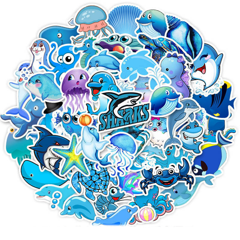 

49pcs/Set Blue Ocean Cartoon Marine Animal Shark Doodle Stickers For Laptop TV Fridge Waterproof Bicycle Decal Toy For Kids, Mixed