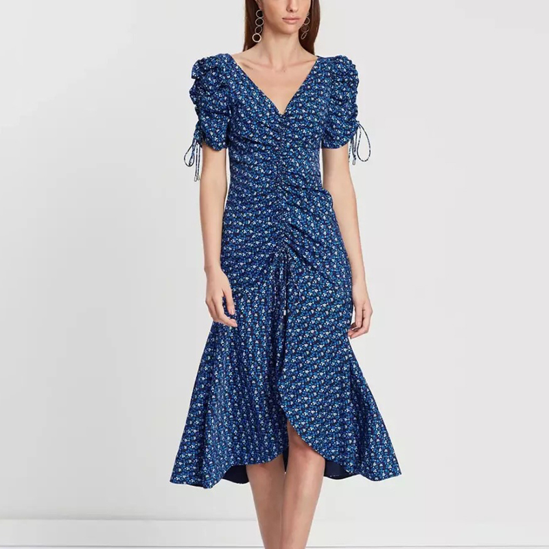 

2020 Vintage Print Women Dress V Neck Puff Sleeve Ruched High Waist Midi Dresses Female Fashion Spring New Tide, Same as picture