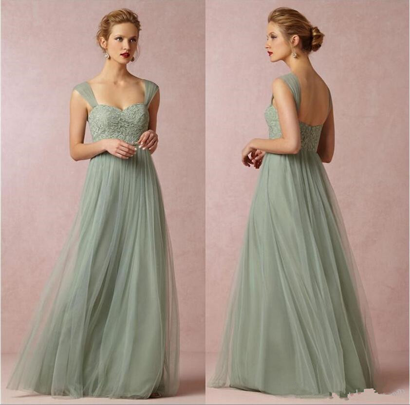 

Sage Green 2019 Long Bridesmaid Dresses A-line Sweetheart Neckline Cap Sleeves Tulle with Lace wedding party guest Prom Dresses