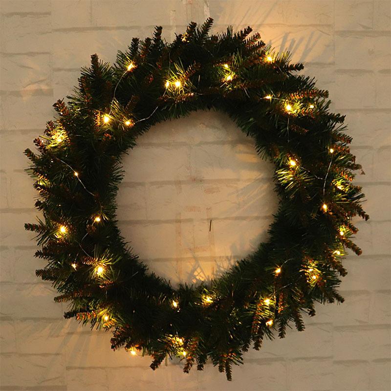 

30/40cm Green Flower Wreath with Light Christmas Party Decoration Xmas Tree Hanging Flower Garland Pendant Home Wall Ornament, 30cm