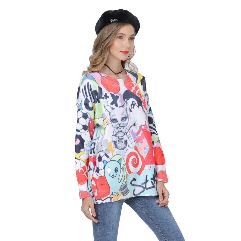 

New Style Cross Border Animal Printed Sweater Women Pullover Knitting Shirt Sueter Mujer Invierno 2020 Autumn Haut Femme D19105, White