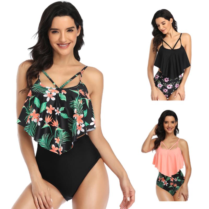 

2020 NEW High Waist Printed Tethered Bikini Multicolor Lotus Leaf Cover Belly Split Swimsuit Fashion Slim Beach Bikini