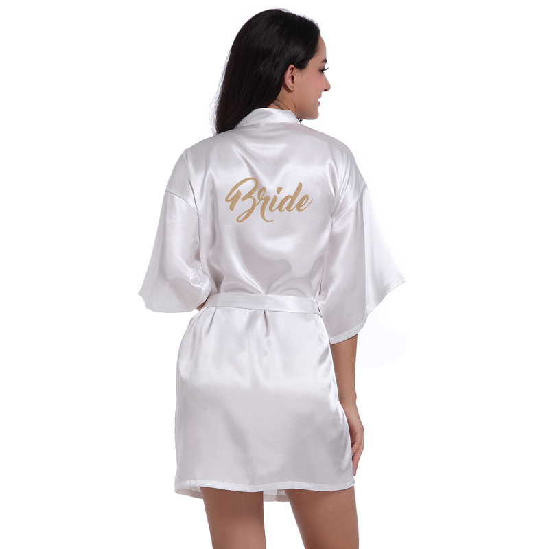 

Gold Stamp'Bride' On the Back Silk Satin Wedding Bride Robe Sexy Night Robe Fashion Kimono Summer Dressing Gown For Women, Black