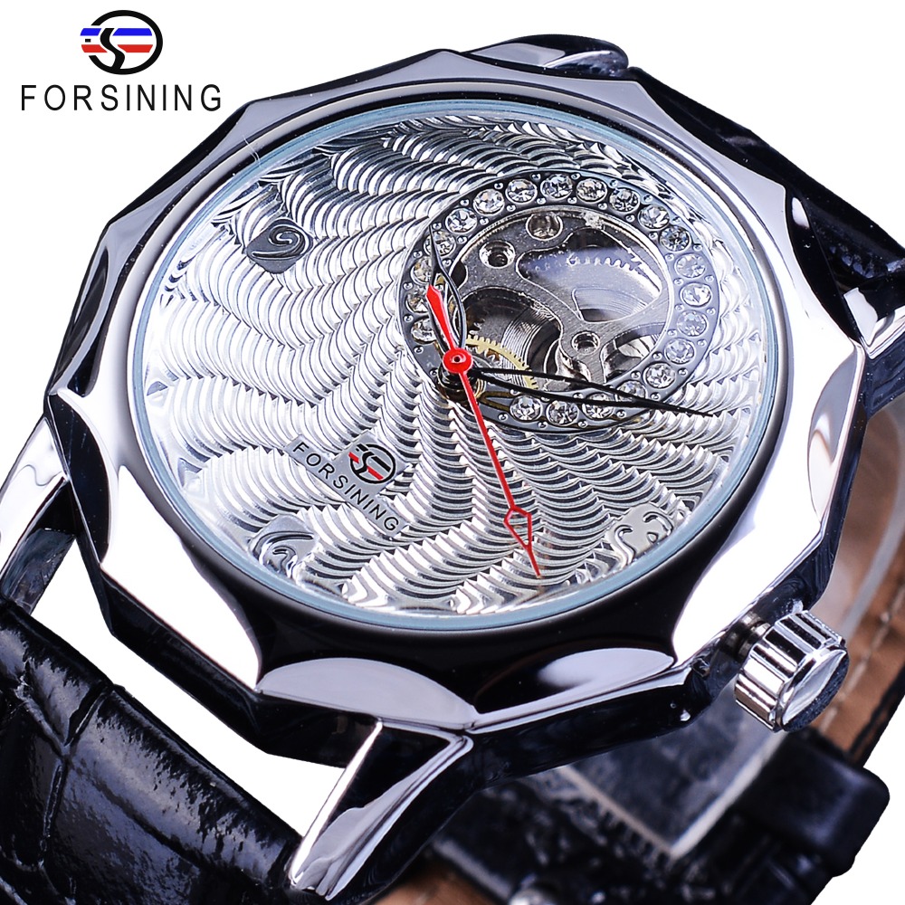

Forsining Fashion Diamond Display Half Skeleton Design Unique Fashion Dial Mens Silver Watches Top Brand Luxury Neutral Casual, Slivery;brown