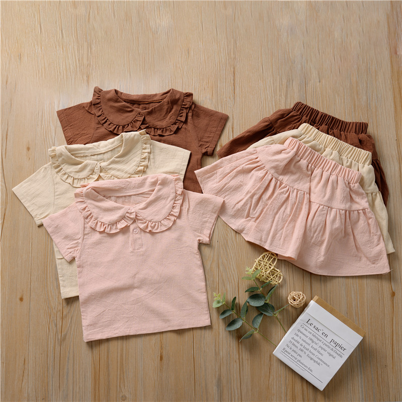 

2020 Brand Baby Girls Cotton Linen Clothes Children Summer Short Sleeve Lotus Leaf Top T-shirt Ruffles Tutu Shorts Skirts 2Pcs