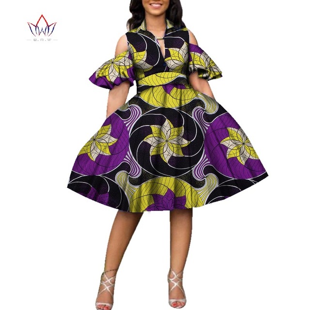 

New Cotton African Print Dresses for Women Bazin Riche Women V-neck Knee Length Tutu Dress African Style Clothing WY2752, Black;gray