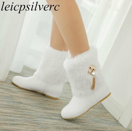 

Women Boots Autumn Winter Warm Fur 2020 New Sexy Fashion Pu Mid-calf Motorcycle Snow Boots Black Pink White High-heeled