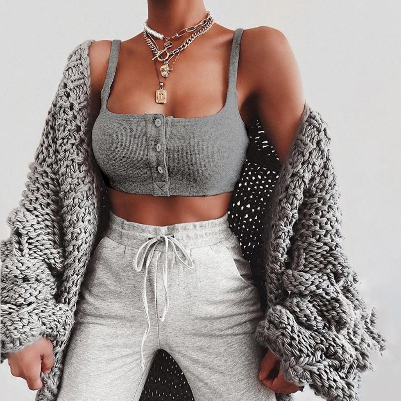 

Sexy Button Strap Crop Tops Womens Sleeveless Short Vest Top Summer Ladies Camisole Tank Top Streetwear camiseta tirantes mujer, Gray