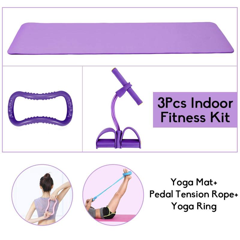 

3Pcs Yoga Pilates Fitness Kit Indoor Home 10mm Yoga Mat Pedal Tension Pull Rope Ring Exercise Training Gym Equipment, Blue