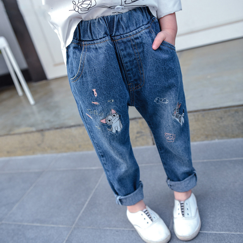 

Children Top Fashion Clothing Spring New Girls Character Mid Cartoon For Embroidery Jeans Baby Trousers Kids Fashion Pants, Blue