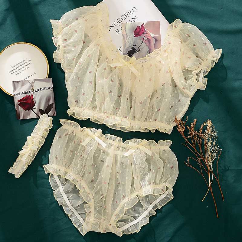 

Sexy Pajamas Bra Short Sleeve Tops Shorts Lingerie Set for Women Gauze Printed Flower Ruffles Kawaii Lingerie Home Clothes, Pink