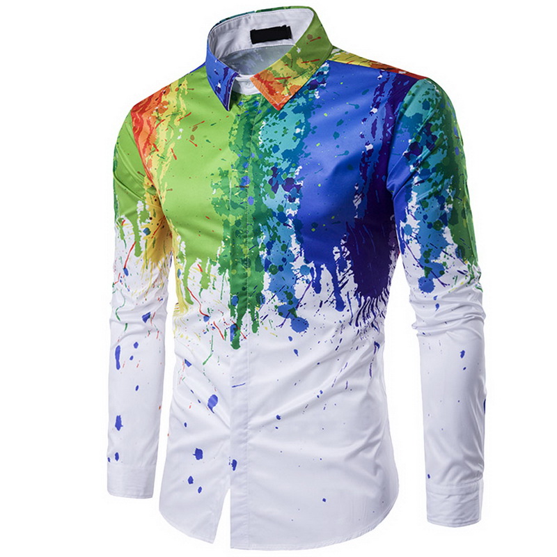 

CALOFE 2018 Men Splash Ink Panit Color Shirt Long Sleeve Leisure Urban Fashion Men Blouse Camiseta Masculina Large Size 3XL, As picture