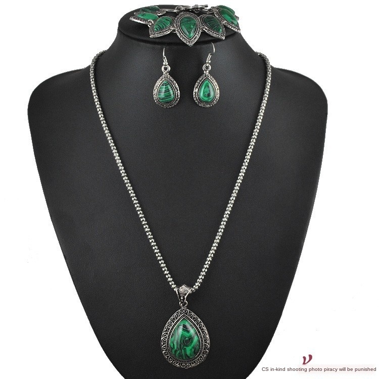 

S122 malachite jewelry set water drops carved green three-piece set