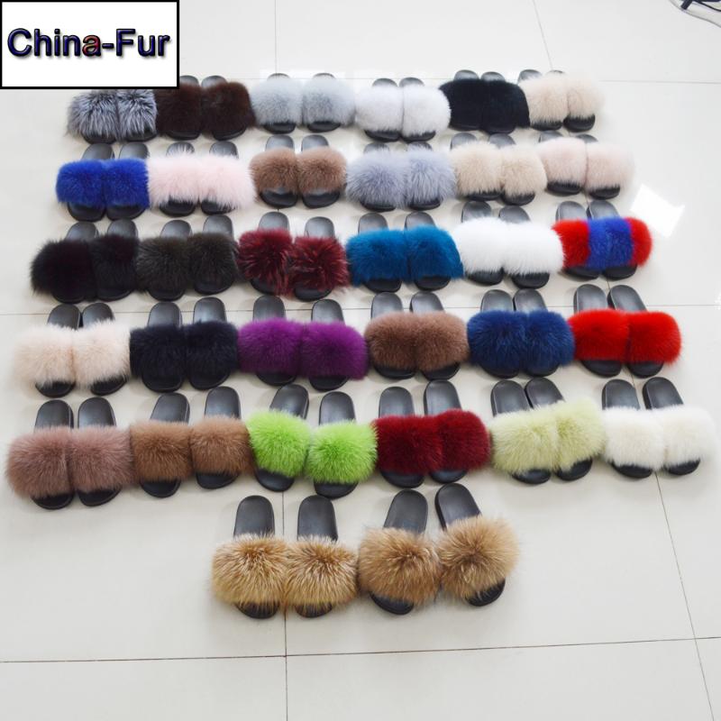 

Women Real Genuine Fur Slippers Summer Girl Lovely Fluffy Real Fur Shoes Slides Flat Sandals, Natural white